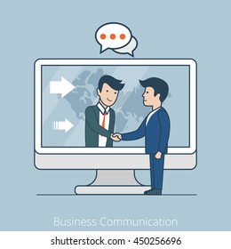 Linear Flat businessmen handshake over computer internet technology vector illustration. Business communications, globalization, teamwork concept.