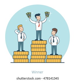 Linear Flat businessmen on top of coin stack pile pedestal vector illustration. Market competition winner with money in hands. Success in business concept.