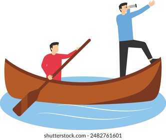 Linear Flat Businessmen in a rowing boat, two rowers, and one captain vector illustration. Leadership in business concept.