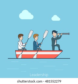 Linear Flat Businessmen in rowing boat, two rowers and one captain  vector illustration. Leadership in business concept.