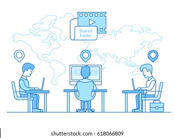 Linear Flat Businessmen sitting on their distant working places with GEO location marks, map background with direction lines vector illustration. Business communication globalization concept.