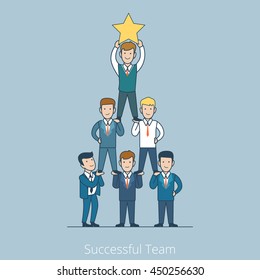 Linear Flat businessmen standing with pyramid leader on top holding star vector illustration. Successful dream team, teamwork in business concept.