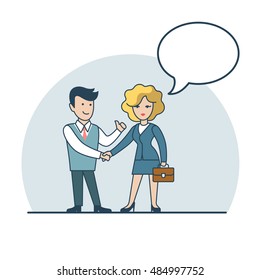 Linear Flat Businesspeople shaking hands and chat, share information vector illustration. Empty talk bubble to place your text. Business agreement concept.