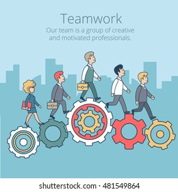 Linear Flat Businesspeople synchronously walking gearwheels vector illustration. Business corporate company professional team work concept.