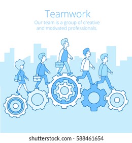 Linear Flat Businesspeople synchronously walking gearwheels vector illustration. Business corporate company professional team work concept