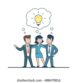 Linear Flat Businesspeople thinking on idea, lamp in chat bubble vector illustration. Business Investments concept.