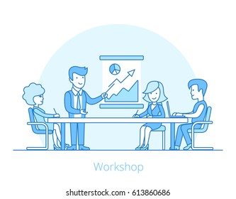 Empresarios Lineales Planos que trabajan en torno a la ilustración vectorial de tabla. Concepto de taller.