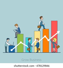 Linear Flat Businesspeople working to charts grow up vector illustration. Grow Business concept.
