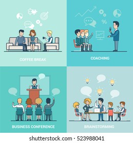 Linear Flat Businesspeople working and relaxation, office interior vector illustration. Coach, speaker, leader characters. Business conference, Coaching, Brainstorming, coffee break concept.