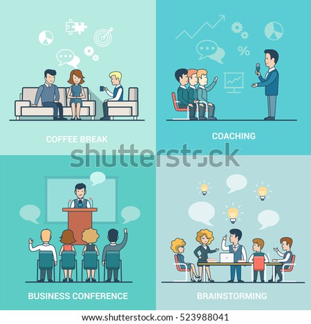 Linear Flat Businesspeople working and relaxation, office interior vector illustration. Coach, speaker, leader characters. Business conference, Coaching, Brainstorming, coffee break concept.
