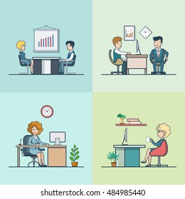 Linear Flat Businesspeople working at their workplaces, office rooms interior vector illustration set. Sitting man and woman, talking fellows, account and manager characters. Office life concept.