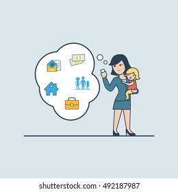 Linear Flat businesswoman hold crying baby, phone and thinking; message house family silhouette, money, suitcase in chat babble vector illustration. Business life values concept.