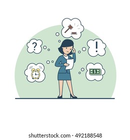 Linear Flat Businesswoman thinking about auction or credit; gavel, money banknotes, alarm clock, exclamation and question mark around vector illustration. Business lending limits concept.