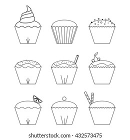 Linear flat cakes icons set. Outline cupcake icons vector. Cake icons vector. Cupcake outline set isons. 
