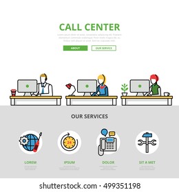 Linear flat Call center website infographics template and icons website hero image vector illustration. User support concept 