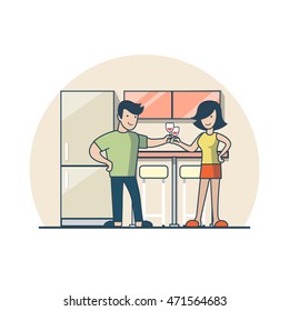 Linear Flat celebrating couple cheers wine glasses in kitchen vector illustration. Casual life concept.