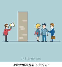 Linear Flat Clients behind wall cannot hear manager loudspeaker vector illustration. Fail Promotion business concept.