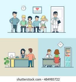 Linear Flat clinic interior with furniture, doctor and patients with broken lag, hand and headache vector illustration set. Health care, professional help, healthy lifestyle concept.