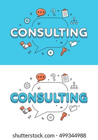 Linear Flat CONSULTING word over chat bubble and icons website hero image vector illustration set. Business marketing concept.