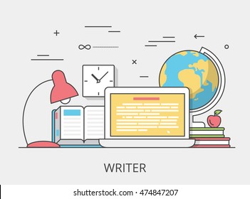 Linear Flat copywriting writer service website hero image vector illustration. Digital services tools and technology concept. Laptop, book, text editor software interface.