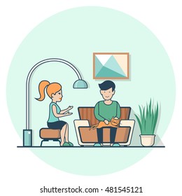 Linear Flat Couple sitting and talking in living room, man holding cat vector illustration. Casual life concept.