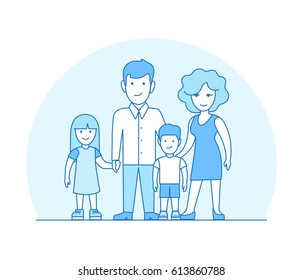 Linear Flat couple standing with children vector illustration. Parenting, family value concept.