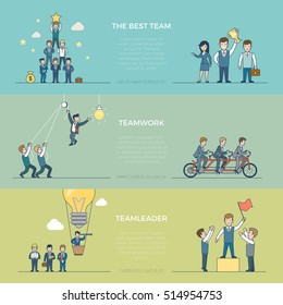 Linear Flat creative businesspeople teamwork infographics template vector illustration set. Business corporate company team work concept. Winners and leaders male and woman characters.