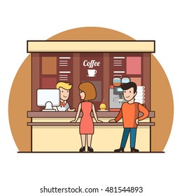 Linear Flat Customers In Coffee Shop Line Choosing Drinks Vector Illustration. Waiter, Cashier, Man, Woman, Client Characters. Coffee Break Concept.