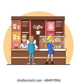 Linear Flat Customers in coffee shop line choosing drinks, vector illustration. Showcase with cakes and donates, waiter, cashier, man, woman, client characters. Coffee break concept.