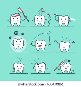 Linear Flat Cute Tooth Character Flossing Stock Vector (Royalty Free ...