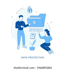 Linear flat Data protection concept vector illustration. Male cartoon character advising to keep safe personal information to female user. Cyber security