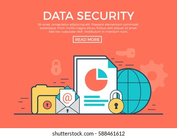 Linear flat Data Security infographics template and icons website hero image vector illustration. App programming technology and software concept. Red background