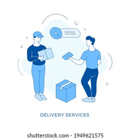 Linear flat Delivery service concept illustration. Male cartoon character customer paying to courier for delivering goods. Fast delivery. Man receives package from delivery guy and pays with card