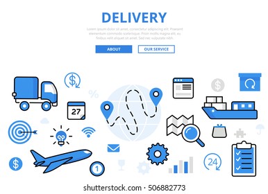 Linear flat Delivery, transportation infographics template and icons website hero image vector illustration. Global shipping concept. Vehicles, sea and air transport.