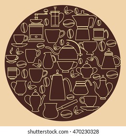 Linear flat design illustration of collection Coffee silhouette  Pots with Cups Outline vector graphic concept of kitchen interior design.