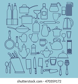 Linear flat design illustration of collection  kitchenware silhouette, kitchen and restaurant icon  set Outline  graphic symbols for kitchen interior design.