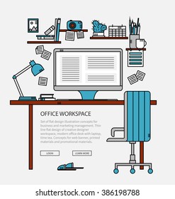 Linear flat design of modern designer workspace with desktop computer, student, developer, work place, artist equipment in office interior. Modern vector illustration concept on gray background