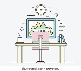 Linear flat design of modern workplace with desktop computer, developer work place and equipment for work. Vector illustration concept, isolated on grey background