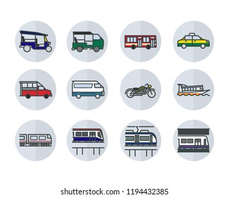 Linear flat design style icons of Bangkok public transportations. Such as Taxi, Tuk-Tuk, Boat, Skytrain. Isolated.