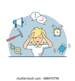 Linear Flat desperate tired businesswoman holding head, phone, chat bubble, hummer, gearwheels, alarm clock and loudspeaker around vector illustration. Business deadline, multitasking concept.