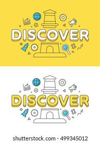 Linear Flat DISCOVER word over architecture building and icons website hero image vector illustration set. Real Estate concept.