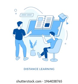 Linear flat Distance learning concept vector illustration. Male cartoon characters studying together using mobile educational app online. Online education. Training and courses, tutorial