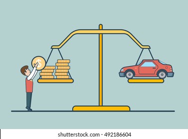 Monedas Lineales de Dólar Plano y coche en escamas, hombre poniendo moneda para balancear la ilustración vectorial libra. Concepto de propiedad.
