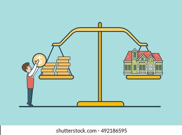 Linear Flat Dollar coins and house on scales, man putting coin to balance libra vector illustration. Real estate investment concept.