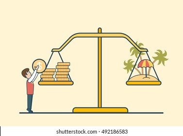 Linear Flat Dollar coins and island on scales, man putting coin to balance libra vector illustration. Vacation and travel investment concept.