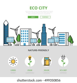 Linear flat Eco city website infographics template and icons website hero image vector illustration. Nature resources concept 