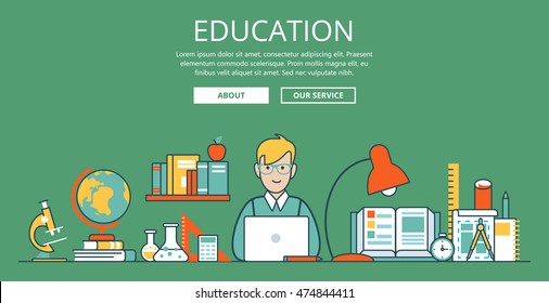 Linear Flat education website hero image vector illustration. Educational and knowledge concept. Nerd student with laptop and college objects. Microscope, globe, book, flask, test tube and sketch.