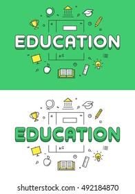 Linear Flat Education word over Book and icons website image vector illustration set. Tutorials and Training concept.
