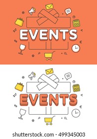 Linear Flat EVENTS word over gift box and icons website hero image vector illustration set. Sale, clearance and holiday presents concept.