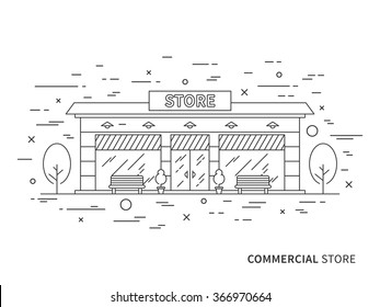 Linear flat exterior (landscape) design illustration of modern designer store (shop) with windows, trees, decorative. Outline vector graphic concept of store (shop) exterior (landscape) design.  
